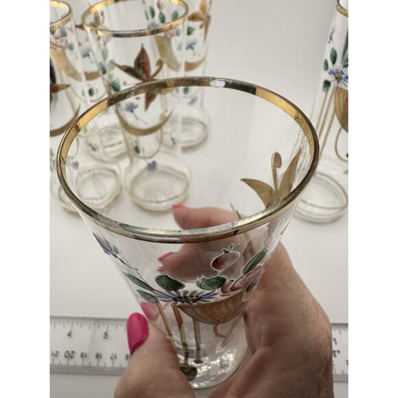 Antique Bohemian Set of 6 Enameled Tall Glasses Art Nouveau Butterflies 6" Tall - Picture 9 of 9